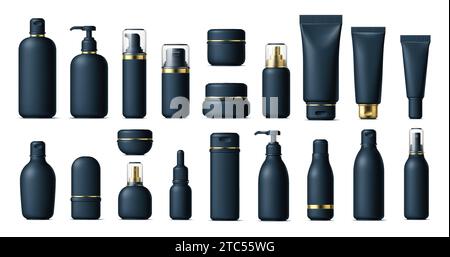 Realistisches schwarzes Kosmetikflaschen-, Tuben- und Kunststoffbehälterset. Isoliertes 3D-Vektor-Modell von Cremegläsern, Pumpen- oder Sprühpaketen. Luxusserum, ätherisches Öl, Shampoo, Deodorant, Kosmetikproduktion Stock Vektor