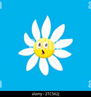 Cartoon Kamille, Gänseblümchenfigur mit überraschtem Gesichtsgefühl. Isolierter Vektor lustige Blüten-Emoji drücken erstaunlichen Gesichtsausdruck mit weit geöffnetem Mund und Brillenaugen aus, schockierte Gefühle Stock Vektor