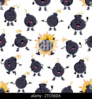 Comic Bomb Charaktere. Sprengstofffiguren Muster aus lustigen schwarzen Bomben oder Granaten mit Weichen. Vektor nahtloser Hintergrund von Comic-Boom-Emojis mit glücklichen, süßen, traurigen und verwirrten Gesichtern Stock Vektor