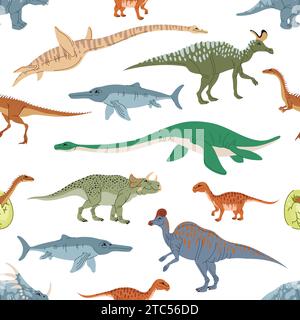 Cartoon Dinosaurier Charaktere nahtloses Muster mit niedlichen Dino Tieren und Ei. Raptor Monster Vektor Hintergrund mit lustigen Ichthyosaurus, Mussaurus und Plesiosaurus, Styracosaurus und Avaceratops Stock Vektor