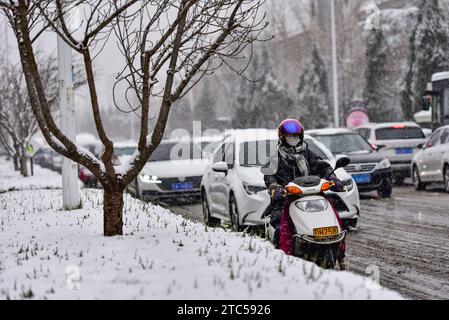 QINGZHOU, CHINA - 10. DEZEMBER 2023 - Menschen spazieren im Schnee in Qingzhou, ostchinesischer Provinz Shandong, 11. Dezember 2023. Stockfoto