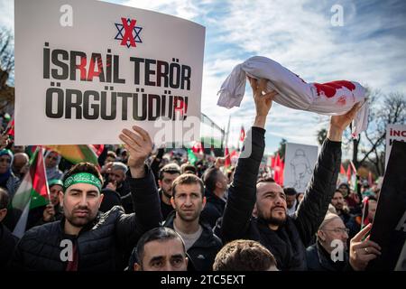 Istanbul, Türkei. Dezember 2023. Ein Mann, der ein Plakat mit der Aufschrift "Israel ist eine Terrororganisation!" hält. Geschrieben in Türkisch während der Demonstration. Mitglieder mehrerer Nichtregierungsorganisationen marschierten vom Beyazit-Platz zur Hagia-Sophia-Moschee, als sie anlässlich des 10. Dezember in Istanbul einen Protest gegen israelische Angriffe auf Gaza veranstalteten. (Foto: Onur Dogman/SOPA Images/SIPA USA) Credit: SIPA USA/Alamy Live News Stockfoto