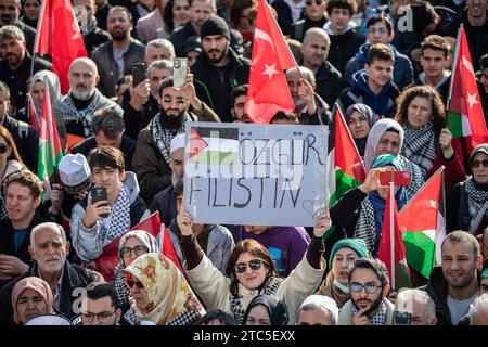 Istanbul, Türkei. Dezember 2023. Eine Frau, die während der Demonstration ein Plakat mit der Aufschrift "freies Palästina" hielt. Mitglieder mehrerer Nichtregierungsorganisationen marschierten vom Beyazit-Platz zur Hagia-Sophia-Moschee, als sie anlässlich des 10. Dezember in Istanbul einen Protest gegen israelische Angriffe auf Gaza veranstalteten. (Foto: Onur Dogman/SOPA Images/SIPA USA) Credit: SIPA USA/Alamy Live News Stockfoto