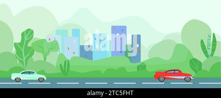 Ökologie in der Stadt und Straßenbegrünung. Straße mit Auto, nicht KI, handgezeichnet. Vektorabbildung Stock Vektor