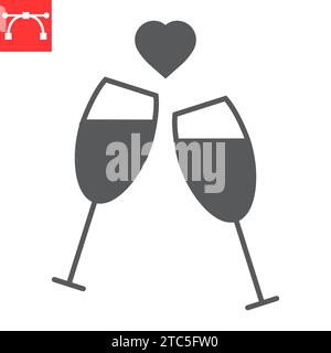 Zwei Gläser Champagner Glyphe Icon, Valentinstag und Toast, Champagner Gläser Vektor Icon, Vektor Grafiken, editierbare Strichstärke Solid Sign, eps 10. Stock Vektor