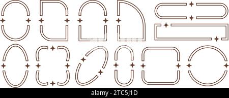 Ästhetische Rahmen und Formen mit Sternen. Grafikdesign mit minimaler Y2K-Kontur und Glitzereffekt. Abstrakte Bogenränder. Trendiges geometrisches Boho-Vorlagenset Stock Vektor