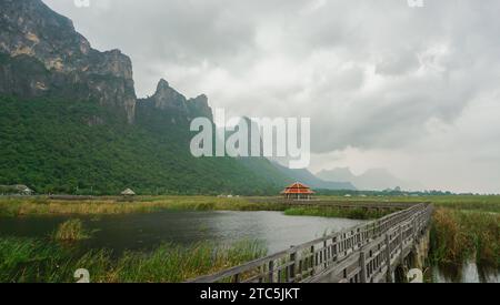 Holzsteg und Pavillon inmitten von Süßwassermoor, blauem Himmel, bewölkten Schildern und Verbotsschildern. Sam ROI Yot Freshwater Marsh oder Bueng Bua Khao Stockfoto