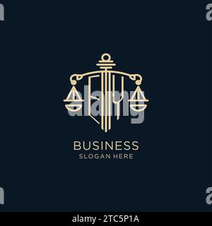Anfängliches EY-Logo mit Schild und Waage der Gerechtigkeit, luxuriöse und moderne Anwaltskanzlei-Logo-Vektorgrafik Stock Vektor