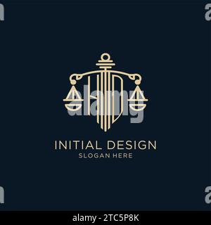 Anfängliches HD-Logo mit Schild und Skala der Gerechtigkeit, Luxus und moderne Anwaltskanzlei Logo Vektorgrafik Stock Vektor