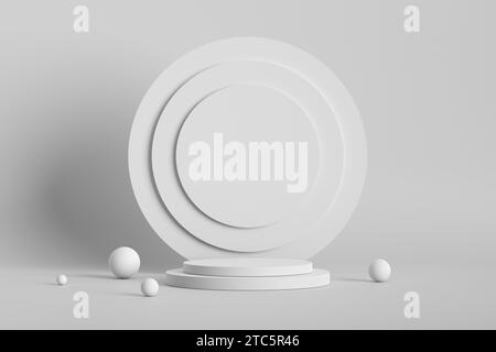 Weißes rundes oder zylindrisches leeres Podium oder Ständer. Schaufenster für Werbung und Modell für Produktpräsentationen. Produktpräsentation in einem minimalistischen Stall Stockfoto