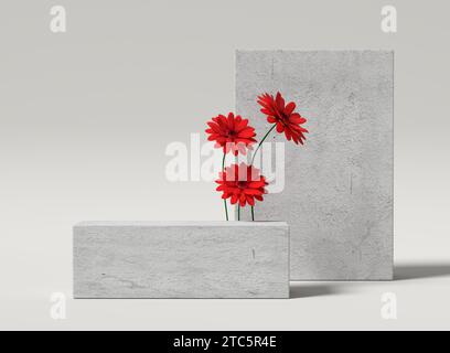 Minimalistisches Schaufensterpodium oder Podest für Produktpräsentation mit rechteckigen Betonständern und roten Blumen auf weißem Hintergrund. 3D-Rendering. Stockfoto