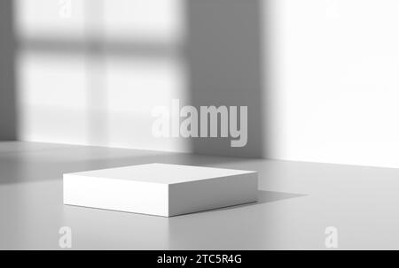 Weißes quadratisches leeres Podium oder Ständer mit Fensterschirm auf weißem Hintergrund. Schaufenster für Werbung und Modell für Produktpräsentation. 3D-Rendering. Stockfoto