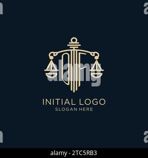 Initiale DES Logos mit Schild und Skalen der Gerechtigkeit, Luxus und moderne Anwaltskanzlei Logo Design Vektorgrafik Stock Vektor