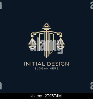 Ursprüngliches FD-Logo mit Schild und Skalen der Gerechtigkeit, Luxus und moderne Anwaltskanzlei Logo Vektorgrafik Stock Vektor