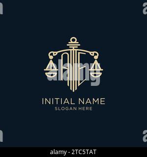 Ursprüngliches AE-Logo mit Schild und Waage der Gerechtigkeit, luxuriösem und modernem Anwaltsbüro-Logo Vektorgrafik Stock Vektor