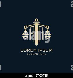 Ursprünglich EIN Logo mit Schild und Skalen der Gerechtigkeit, Luxus und moderne Anwaltskanzlei Logo Design Vektorgrafik Stock Vektor