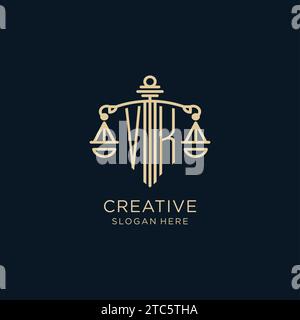 Ursprüngliches VK-Logo mit Schild und Waage der Gerechtigkeit, luxuriösem und modernem Anwaltsbüro-Logo Vektorgrafik Stock Vektor