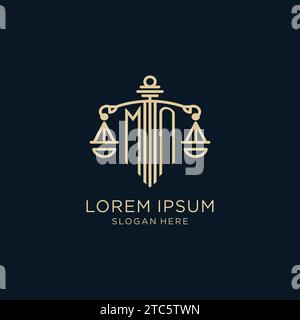 Ursprüngliches MN-Logo mit Schild und Waage der Gerechtigkeit, Luxus und moderne Anwaltskanzlei-Logo-Vektorgrafik Stock Vektor