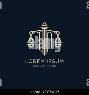 Initial IN Logo mit Schild und Skalen der Gerechtigkeit, Luxus und moderne Anwaltskanzlei Logo Design Vektorgrafik Stock Vektor