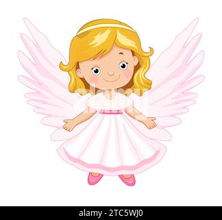 Baby Angel steht in einem rosa Kleid auf weißem Hintergrund. Niedliche Kinderpuppe, Spielzeug Angelic. Stock Vektor