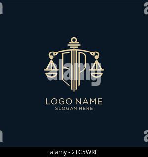 Ursprüngliches EP-Logo mit Schild und Waage der Gerechtigkeit, luxuriösem und modernem Anwaltsbüro-Logo Vektorgrafik Stock Vektor