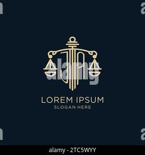 Initial ja Logo mit Schild und Skalen der Gerechtigkeit, Luxus und moderne Anwaltskanzlei Logo Design Vektorgrafik Stock Vektor