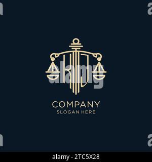 Anfängliches KJ-Logo mit Schild und Waage der Gerechtigkeit, Luxus und moderne Anwaltskanzlei-Logo-Vektorgrafik Stock Vektor