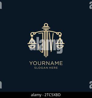Ursprüngliches JV-Logo mit Schild und Waage der Gerechtigkeit, luxuriösem und modernem Anwaltsbüro-Logo Vektorgrafik Stock Vektor