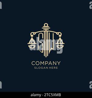 Ursprüngliches SW-Logo mit Schild und Skalen der Gerechtigkeit, Luxus und moderne Anwaltskanzlei-Logo-Vektorgrafik Stock Vektor