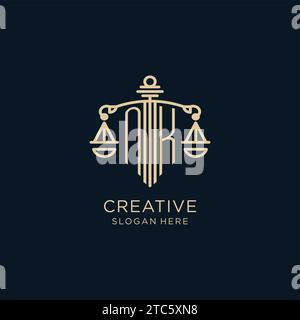 Ursprüngliches NK-Logo mit Schild und Waage der Gerechtigkeit, luxuriöse und moderne Anwaltskanzlei-Logo-Vektorgrafik Stock Vektor