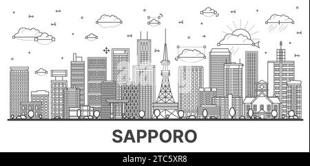 Umreißen Sie die Skyline der japanischen Stadt Sapporo mit modernen und historischen Gebäuden, die auf weiß isoliert sind. Vektorabbildung. Sapporo Stadtbild mit Wahrzeichen. Stock Vektor