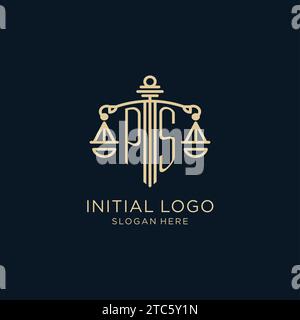 Ursprüngliches PS-Logo mit Schild und Skala der Gerechtigkeit, luxuriösem und modernem Logo der Anwaltskanzlei Vektorgrafik Stock Vektor