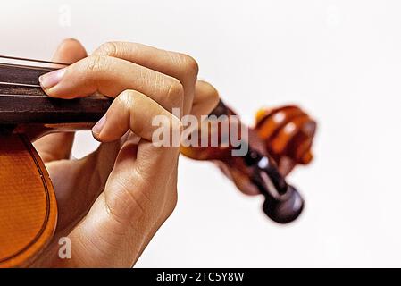 Die linke Hand eines jungen Violinisten auf den Saiten einer Studentengeige auf einem hellen Hintergrund. Musikalische Erziehung Stockfoto