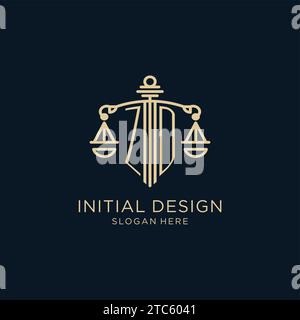 Ursprüngliches ZD-Logo mit Schild und Waage der Gerechtigkeit, luxuriöse und moderne Anwaltskanzlei-Logo-Vektorgrafik Stock Vektor