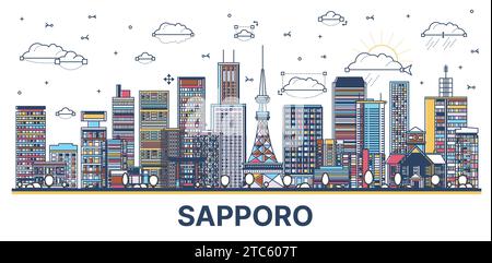 Umreißen Sie die Skyline der japanischen Stadt Sapporo mit farbigen modernen und historischen Gebäuden, die auf weiß isoliert sind. Vektorabbildung. Sapporo Stadtbild mit Wahrzeichen Stock Vektor