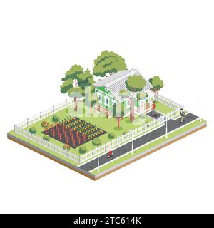 Isometrisches altes Haus mit Bäumen und Gemüsegärten in Vorort. Infografik-Element. Vektorabbildung. Farm isoliert auf weißem Hintergrund. Stock Vektor