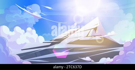 Schneebedeckte Bergspitze über Wolken vor blauem Himmel mit Sonne. Karikaturvektor-Illustration Landschaft des hohen felsigen Gipfels bedeckt mit weißem Schnee. Wunderschöne Panorama-Landschaft mit Hügeln und Sonnenlicht. Stock Vektor