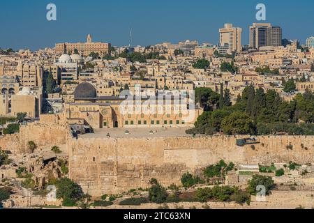 Blick auf die Al-Aqsa Moschee, ein islamisches Wahrzeichen, auf dem Tempelberg, Jerusalem, Israel Stockfoto