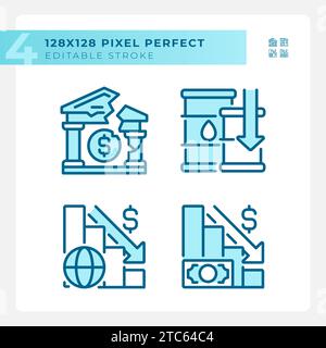 2D-Pixel perfekt blaue Symbole für die Wirtschaftskrise gesetzt Stock Vektor