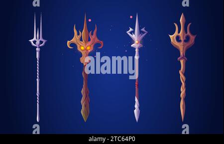 Poseidon oder Neptun Magie fantastisches Dreizack aus Holz und Metall. Cartoon Vektor Illustration Set der Mythologie Harpune oder Heugabel dekoriert mit Edelsteinen für nautischen Gott mit magischer Kraft. Stock Vektor