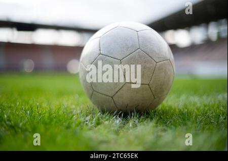 Weißer Fußball, der im Stadion auf dem Gras liegt Stockfoto