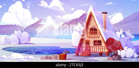 Cartoon-Winterlandschaft mit Holzhütte auf schneebedeckten Kippen am Ufer des Sees in der Nähe von felsigen Bergen. Vektor natürliche schneebedeckte Landschaft mit gemütlichem Haus oder Hotel für Camping und Outdoor-Urlaub. Stock Vektor