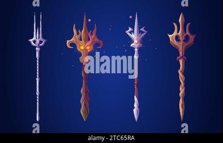 Poseidon oder Neptun Magie fantastisches Dreizack aus Holz und Metall. Cartoon Vektor Illustration Set der Mythologie Harpune oder Heugabel dekoriert mit Edelsteinen für nautischen Gott mit magischer Kraft. Stock Vektor