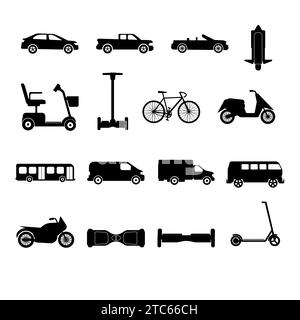 Sammlung verschiedener Transportsymbole in flacher Ausführung, isoliert. Set mit Silhouetten für den Stadtverkehr. Stock Vektor