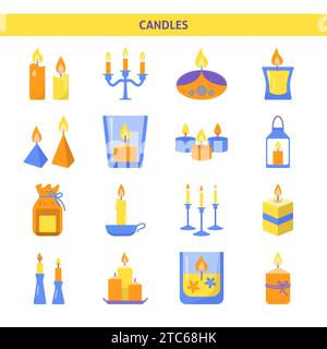 Bright candle icons set in flat style. Light source with burning flame symbols. Vector illustration. Stock Vektor