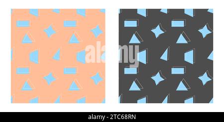 Geometrische Muster Peach Fuzz Farbe mit einfachen Figuren aus Dreieck, Trapez, Rechteck und ihren Konturen auf gelbem und grauem Hintergrund. Vektorabbildung Stock Vektor