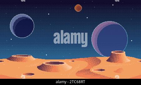 Pixel Art Planet Oberfläche Hintergrund mit Monden am Himmel. Kosmischer Spielort. Illustration des nahtlosen Vektors des Weltraums Stock Vektor