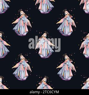 Aquarellengel, Sternenmuster. Handgezeichneter katholischer religiöser Hintergrund. Neugeborene und Kinder tragen Stoffmuster. Design für Textilien, Abdeckungen Stockfoto