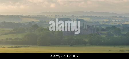 Die Ruinen von Raglan Castle an einem nebeligen Morgen, Monmouthshire, Wales, Großbritannien. Sommer (Juni) 2023. Stockfoto