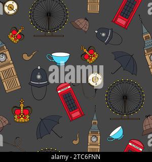 Eine Reihe von englischen Symbolen, Wahrzeichen. Reisesymbole. Hand gezeichnet Set mit Krone, Big Ben, roter Bus, Flagge, Teekanne, Vektor-Illustration isoliert Stock Vektor